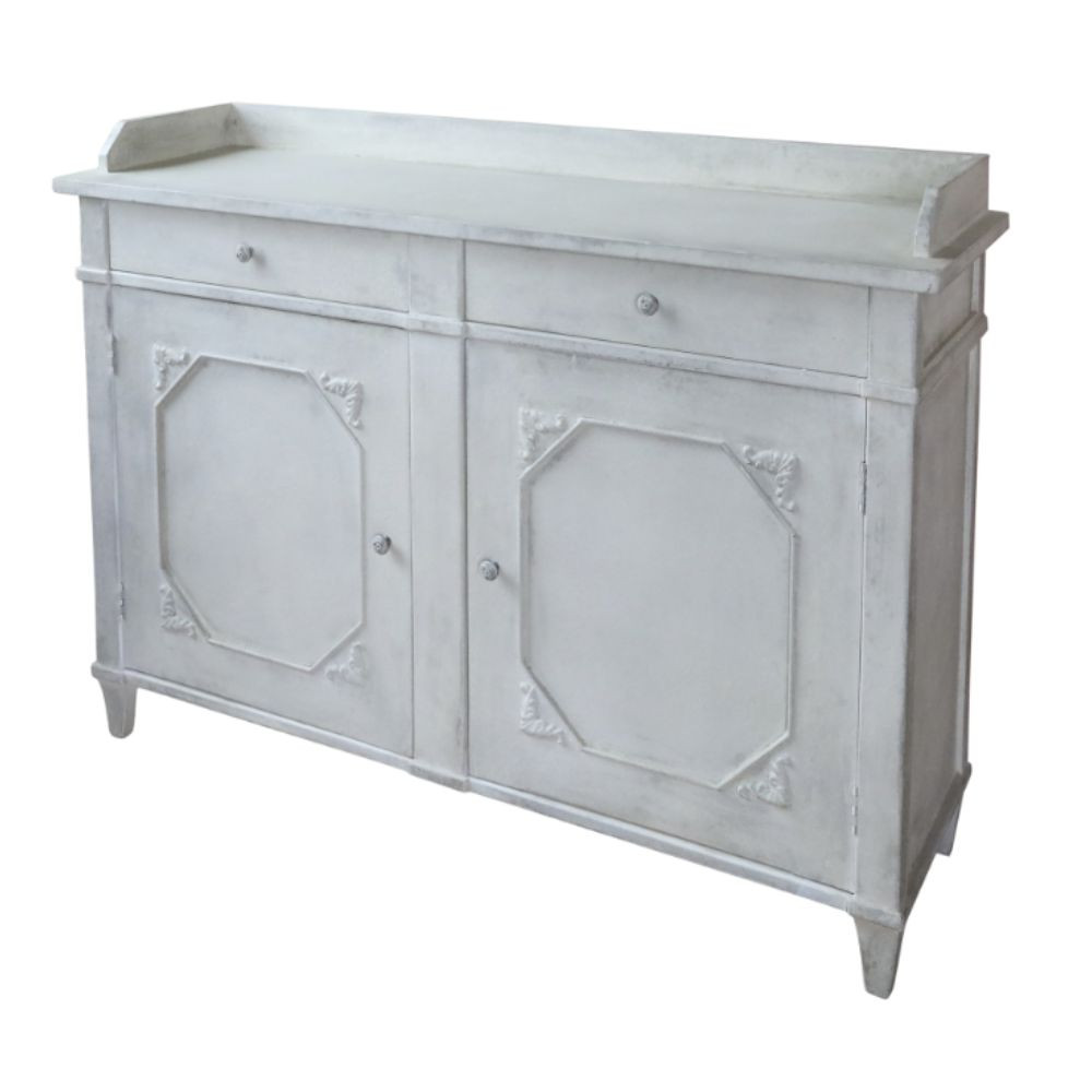 Buffet 2 portes en bois de pin blanc antique 153 x 51.5 x 112 cm