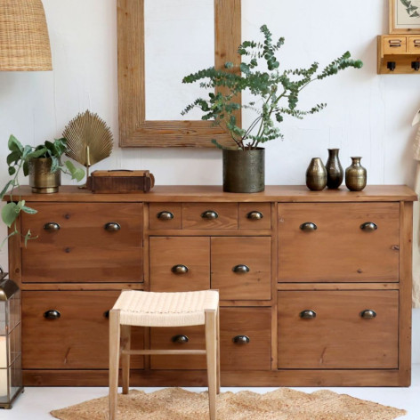 Armoire à chaussures avec tiroir en bois de pin marron 190 x 40 x 90cm