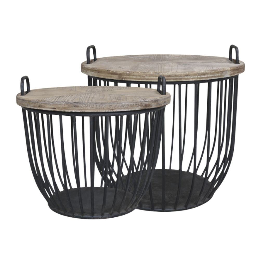 Set de 2 tables basses en bois de cyprès noir et marron Ø.57 x Ht.48cm