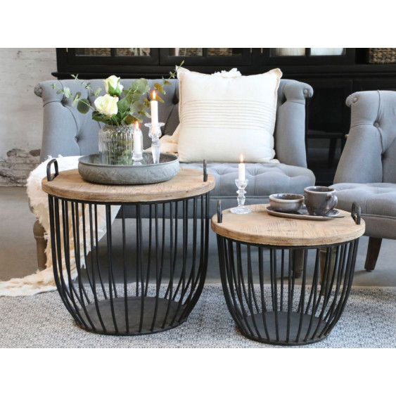 Set de 2 tables basses en bois de cyprès noir et marron Ø.57 x Ht.48cm