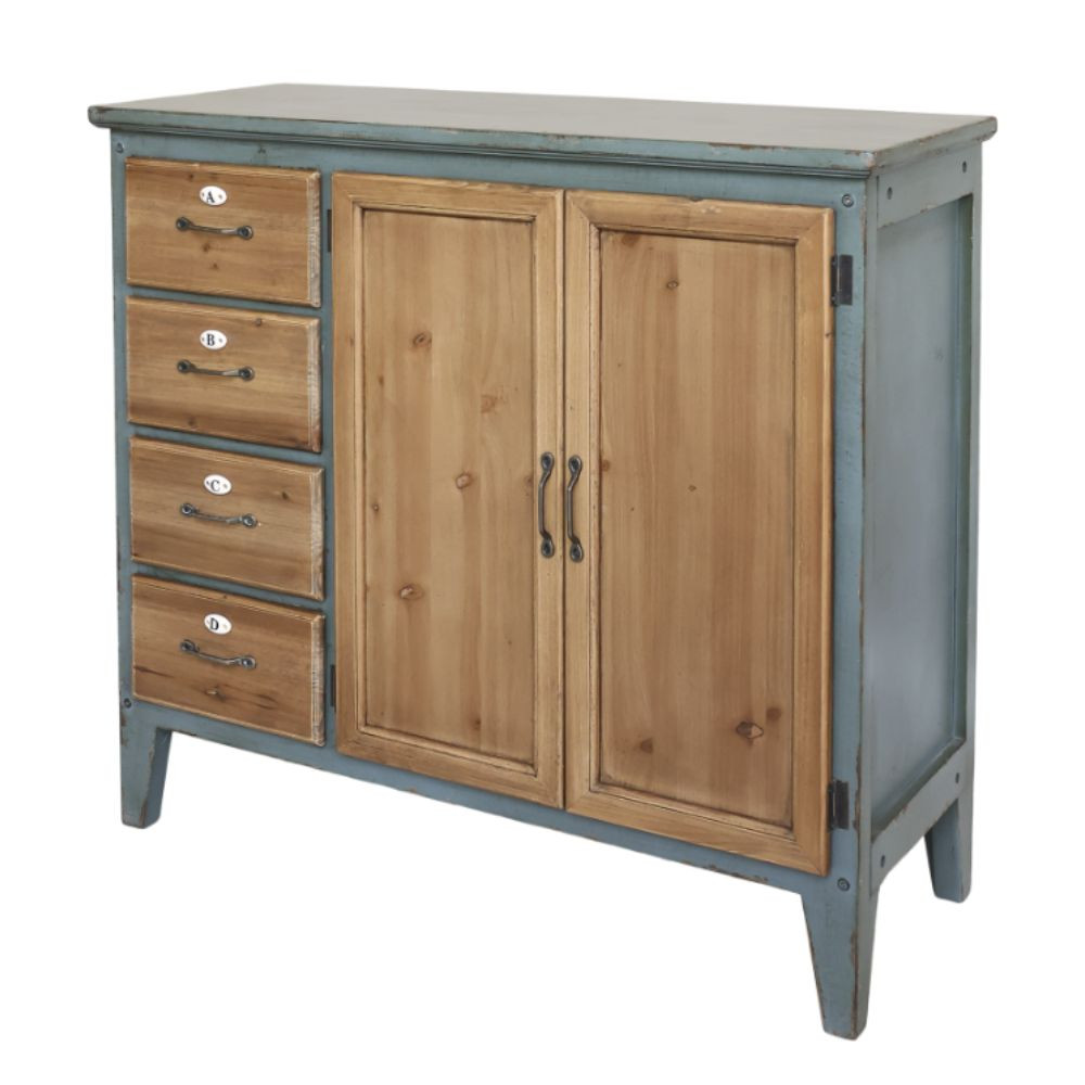 Meuble buffet en bois de sapin bleu opale et marron 90 x 37 x 80.5 cm