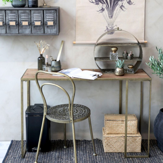 Table bureau en bois marron et fer laiton antique 120 x 42 x 78 cm