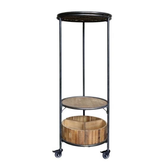 Etagère sur roues en bois recyclé marron et fer noir Ø.60 x Ht.160.5cm