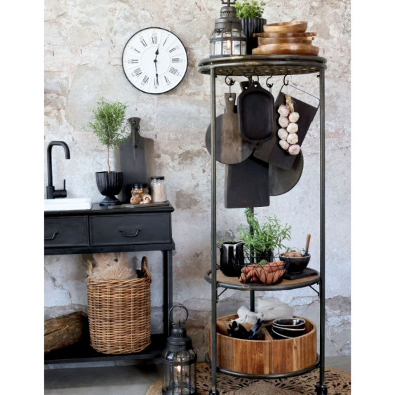 Etagère sur roues en bois recyclé marron et fer noir Ø.60 x Ht.160.5cm