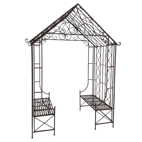 Arche de Jardin "Maison et ses 2 bancs" en métal marron L.200 x l.114 x Ht.270 cm