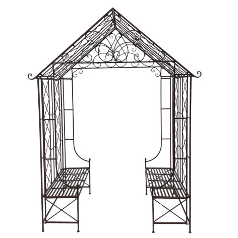 Arche de Jardin "Maison et ses 2 bancs" en métal marron L.200 x l.114 x Ht.270 cm