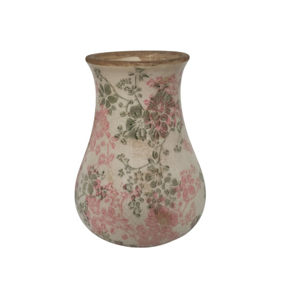 Vase "Fleurs rose et vertes" en céramique Ø.13,5 x Ht.18,5 cm