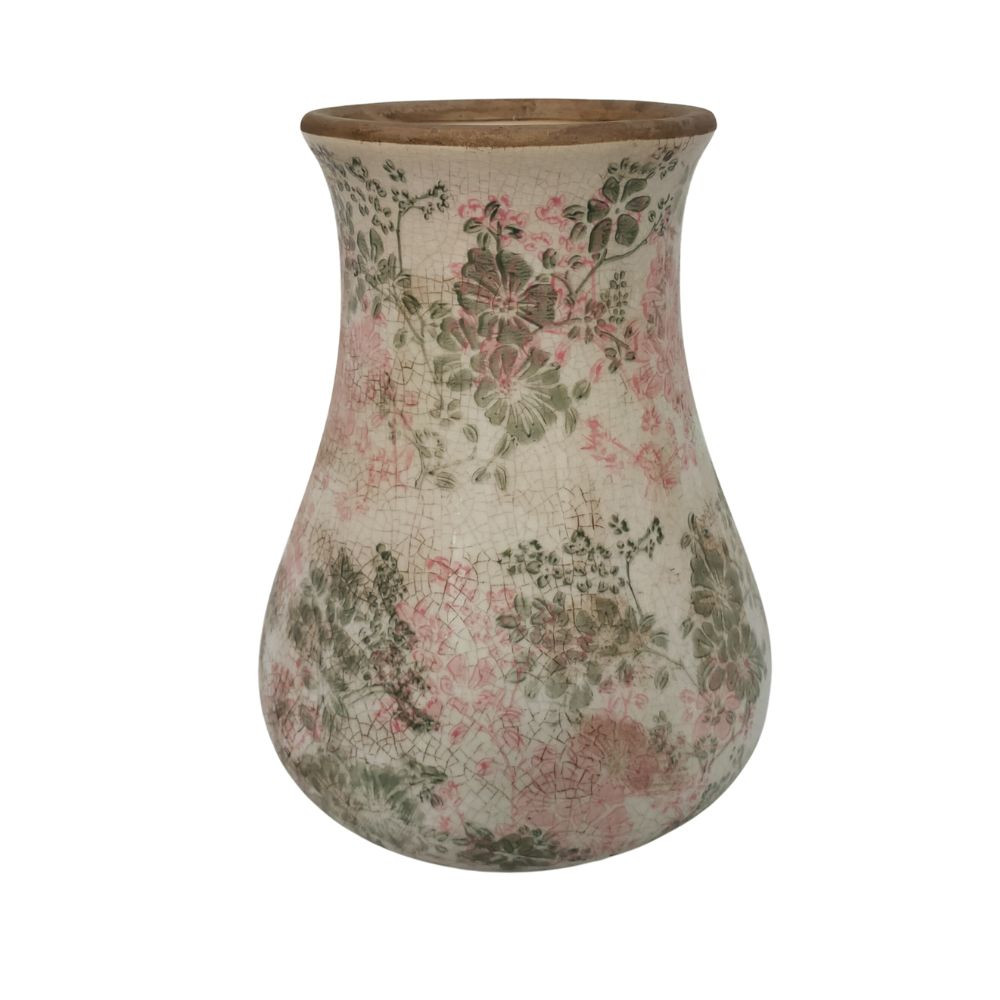 Vase "Fleurs rose et vertes" en céramique Ø.17,5 x Ht.23 cm