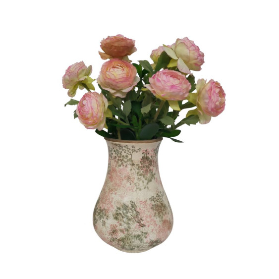 Vase "Fleurs rose et vertes" en céramique Ø.17,5 x Ht.23 cm