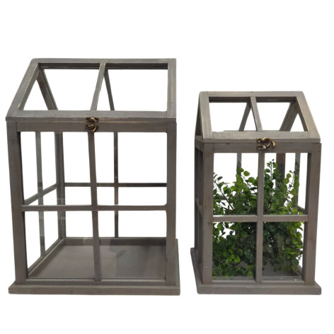 Set de 2 mini serres d'intérieur en bois gris et verre