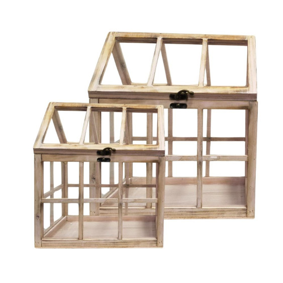 Set de 2 mini serres d'intérieur en bois naturel rosé et verre