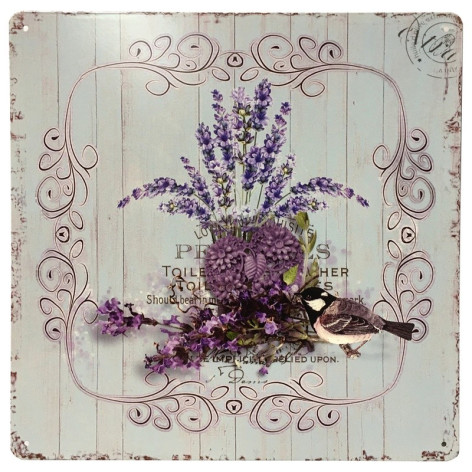 Plaque décorative carrée en métal "Fleurs et Oiseau" Mauve